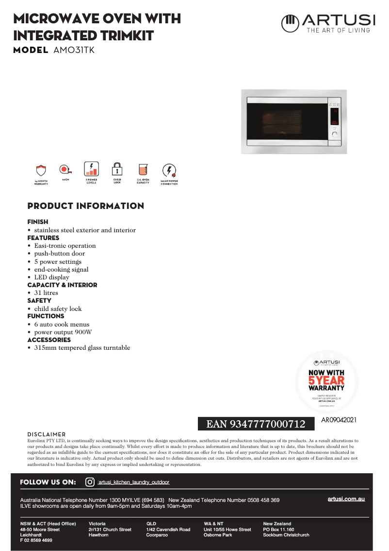 Page 1 de la notice Fiche technique Artusi AMO31TK