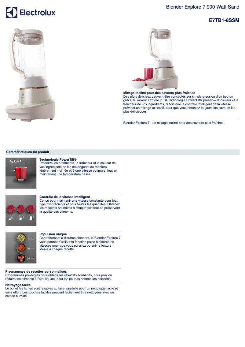 Page 1 de la notice Fiche technique Electrolux Explore 7 E7TB1-8SSM