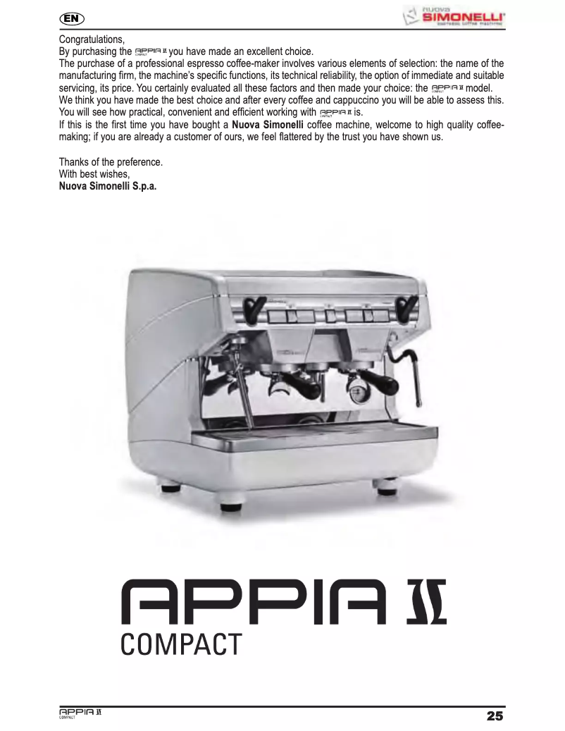 Page 1 de la notice Manuel utilisateur Nuova Simonelli Appia ll Compact