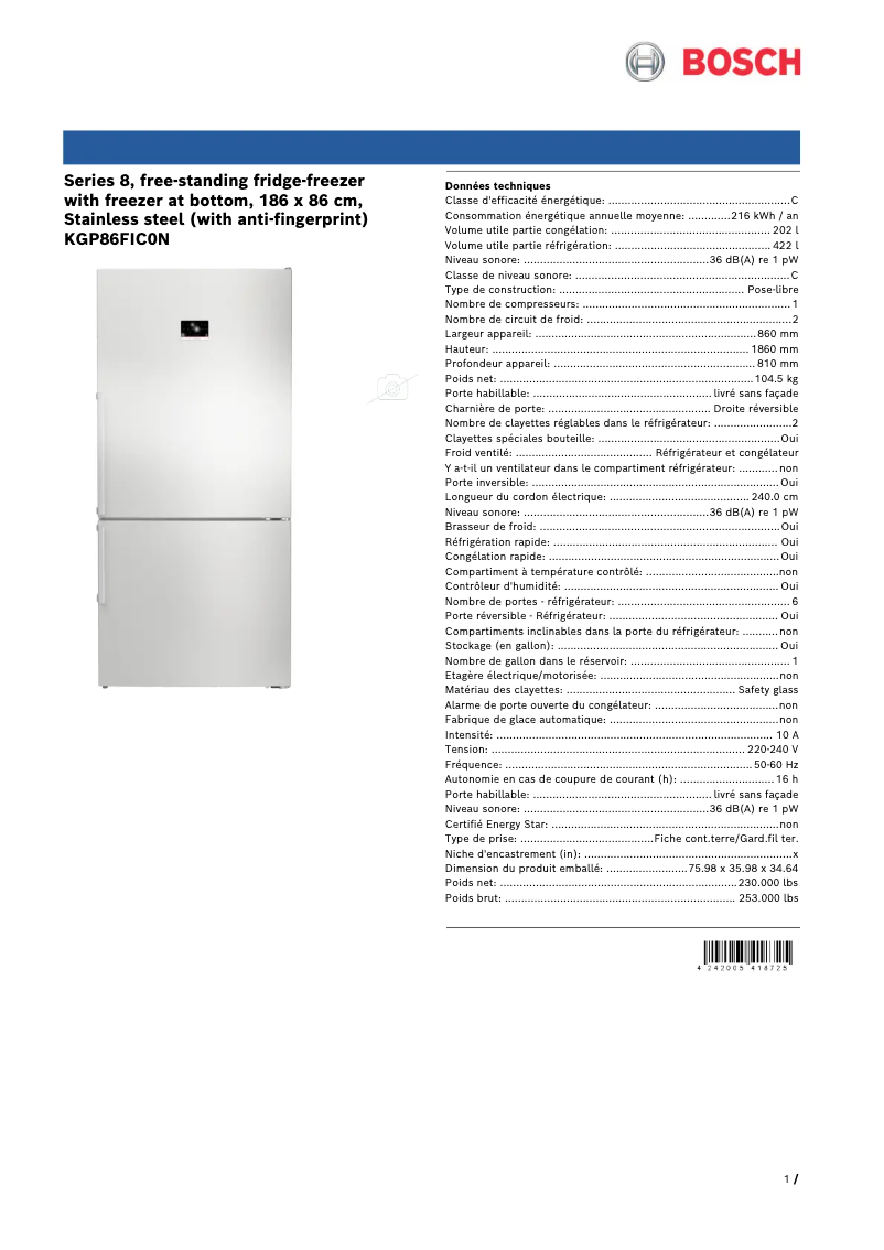Page 1 de la notice Fiche technique Bosch KGP86FIC0N