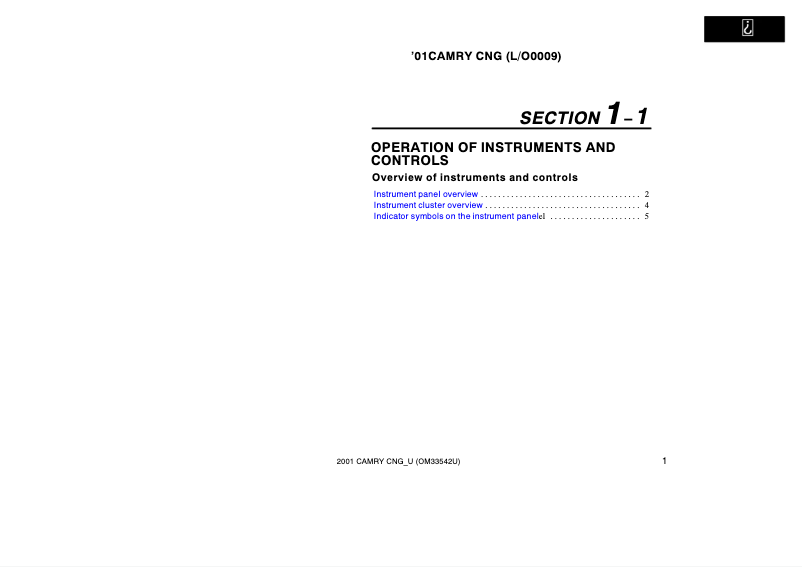 Image de la première page du manuel de l'appareil Camry CNG (2001)