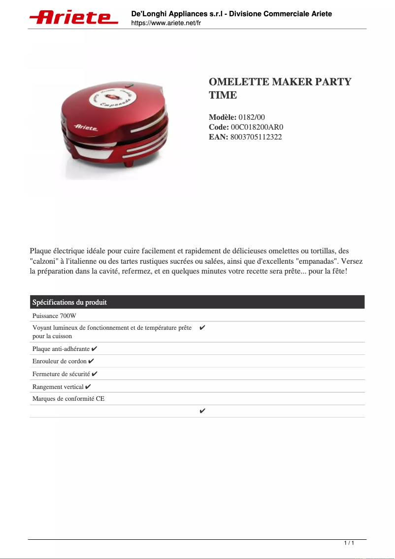 Page 1 de la notice Fiche technique Ariete Omelette Maker Party Time 0182