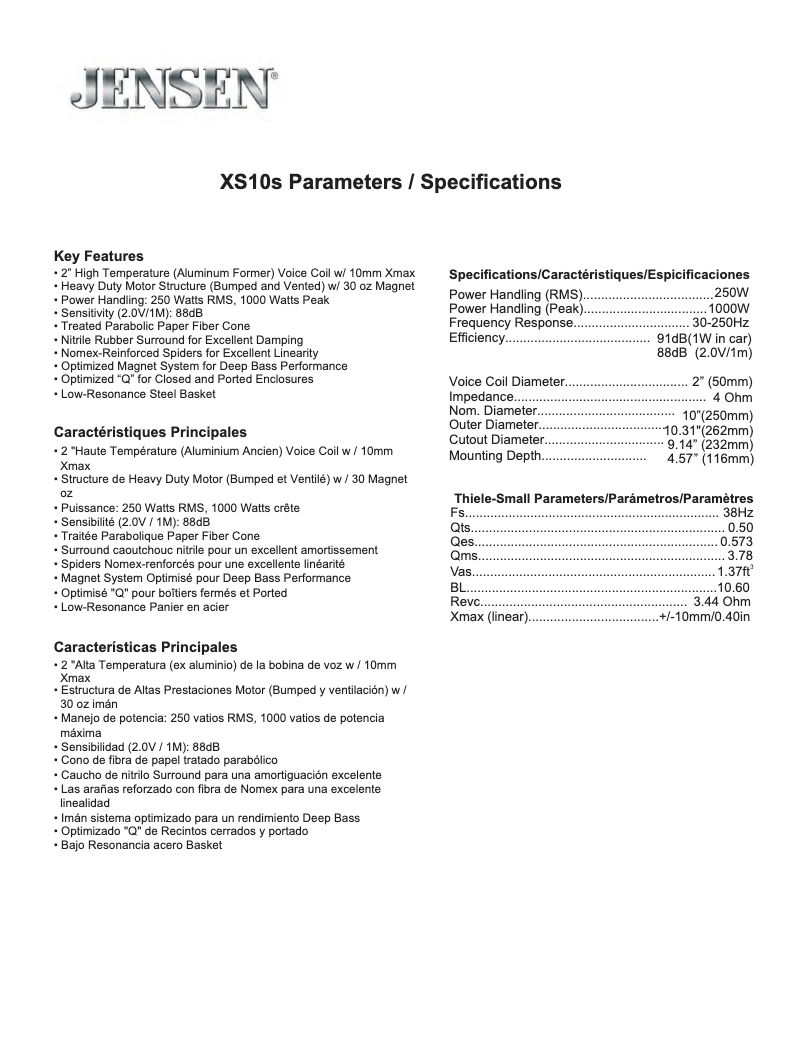 Page 1 de la notice Manuel utilisateur Jensen XS10S