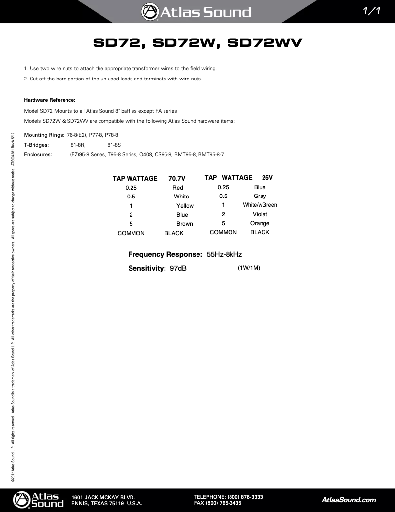 Página 1 del manual Manual de instrucciones Atlas Sound SD72WV