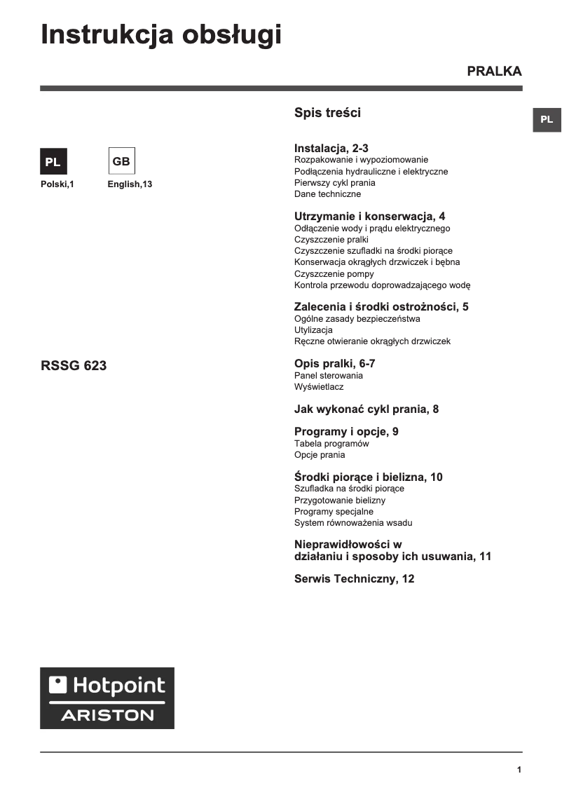 Page n°1 - Manuel utilisateur Hotpoint Ariston RSSG 623 S PL