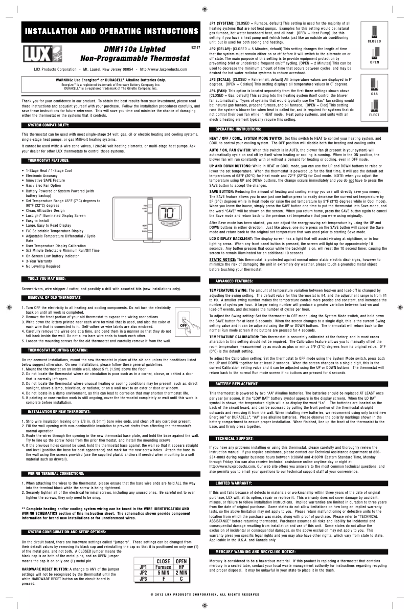 Page n°1 - Manuel utilisateur Lux DMH110-010