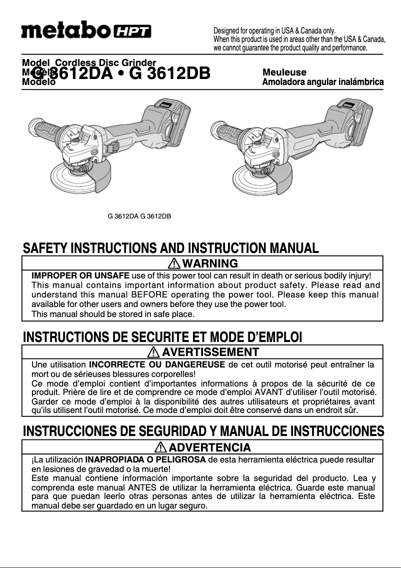 Page 1 de la notice Manuel utilisateur HiKOKI G3612DA