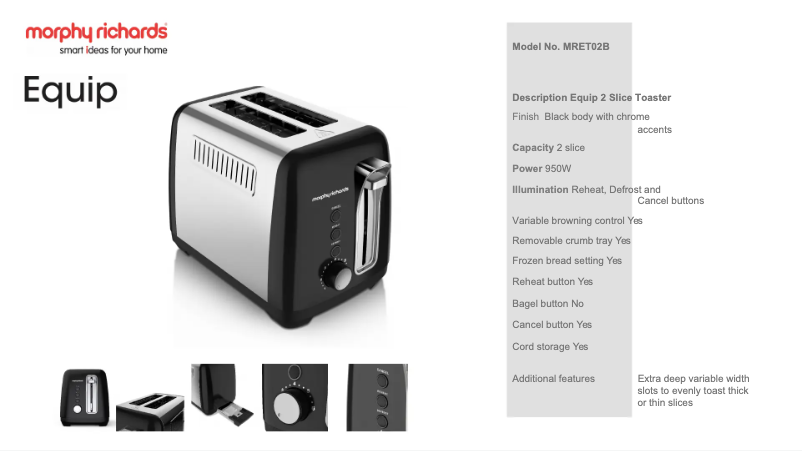 Page 1 de la notice Fiche technique Morphy Richards MRET02B