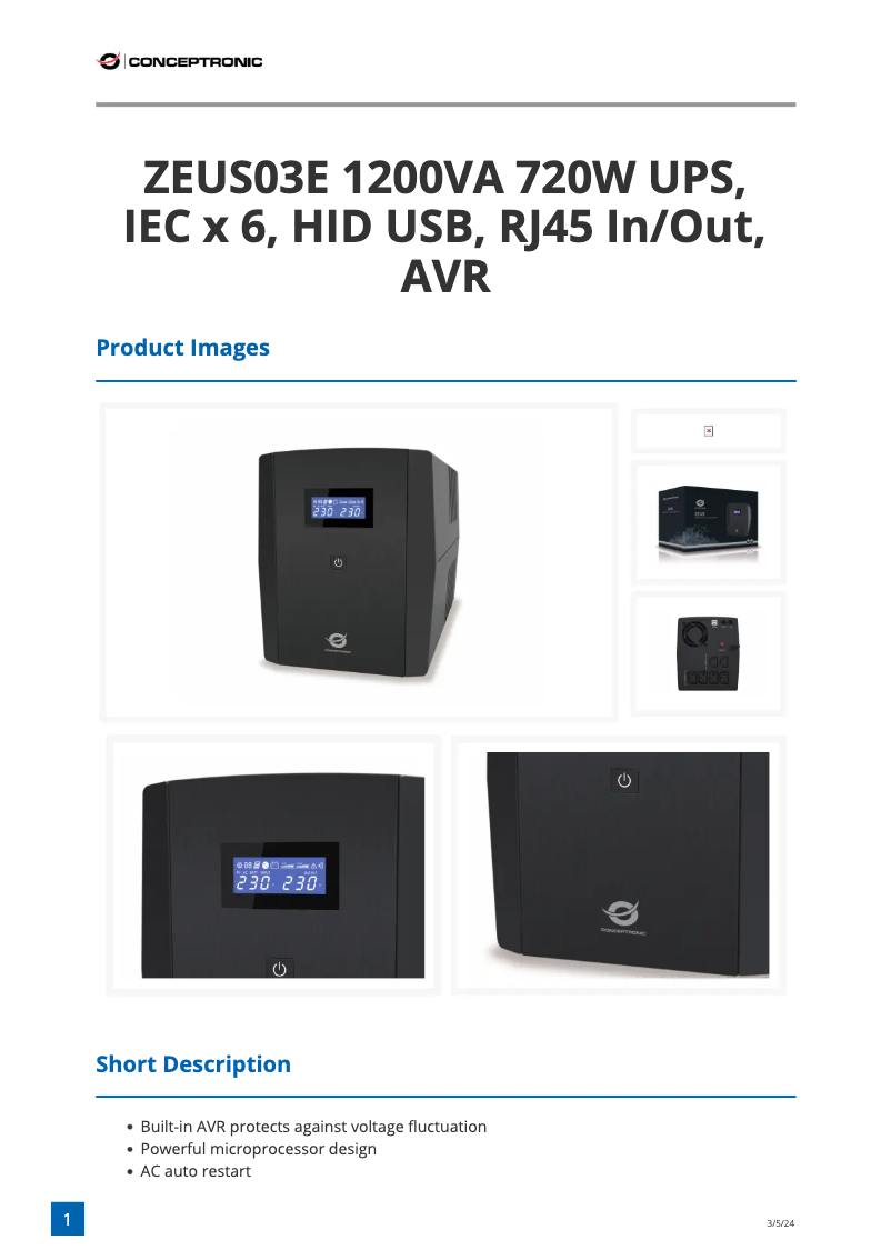 Page 1 de la notice Fiche technique Conceptronic ZEUS03E