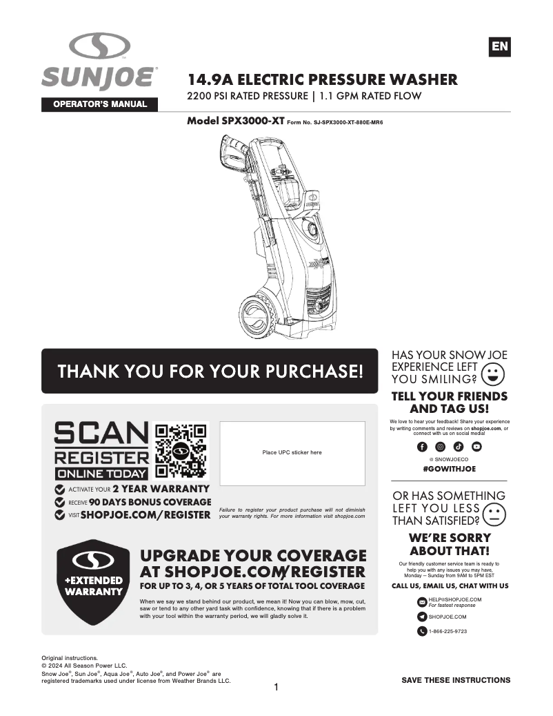 Page 1 de la notice Manuel utilisateur Sun Joe SPX3000-XT