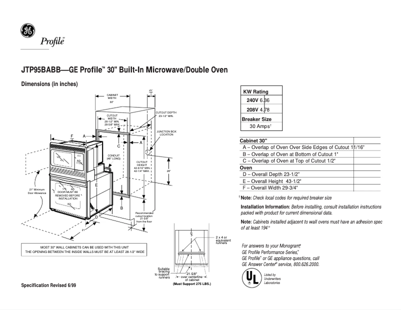 Page n°1 - Fiche technique GE Profile JTP95BABB
