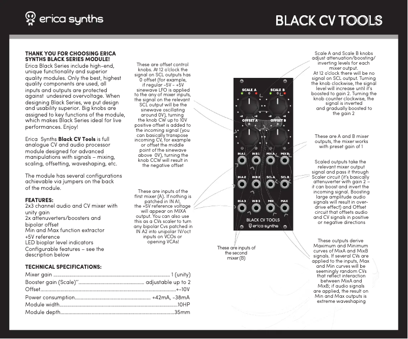 Page 1 de la notice Manuel utilisateur Erica Synths Black CV Tools