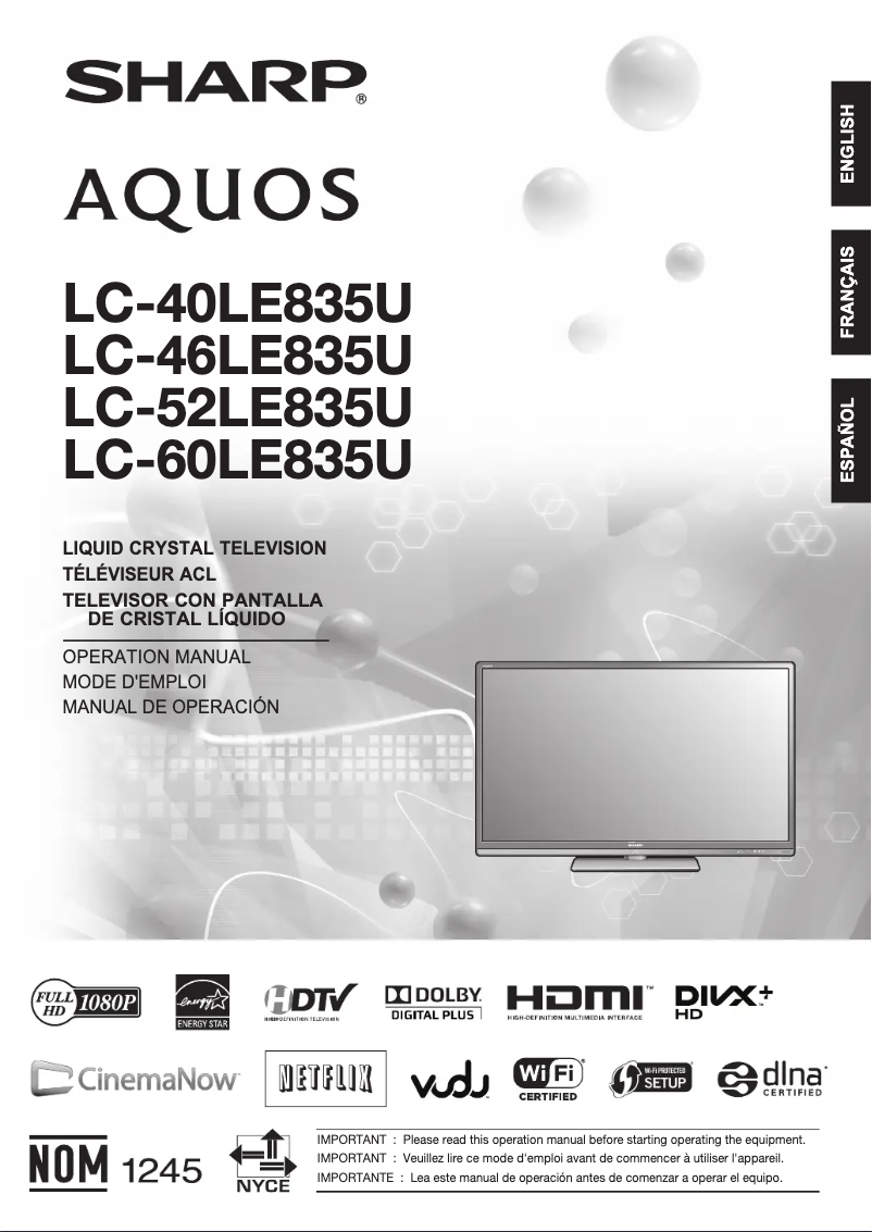 Image de la première page du manuel de l'appareil Aquos LC-40LE835U