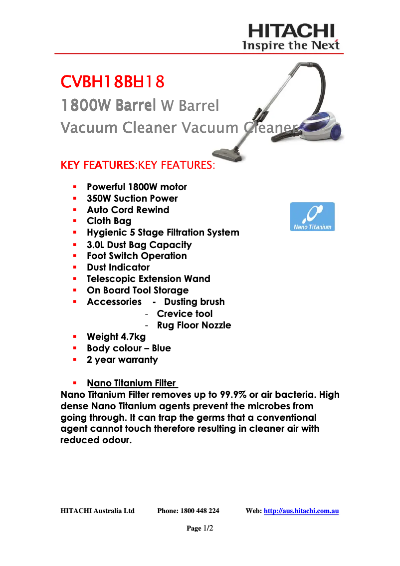 Page 1 de la notice Fiche technique Hitachi CV-BH18