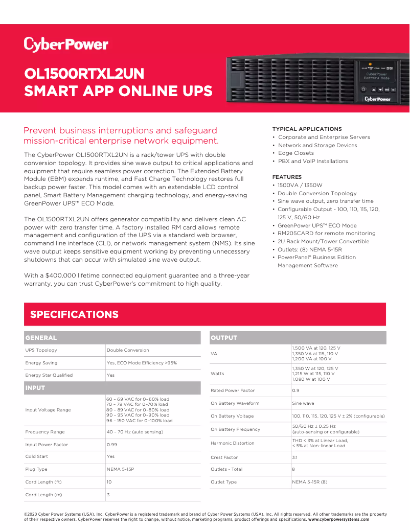 Page n°1 - Fiche technique CyberPower OL1500RTXL2UN