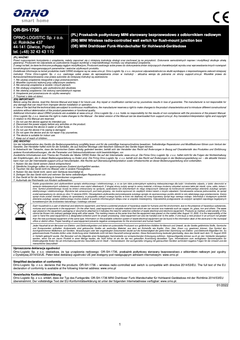 Imagen de la primera página del manual del dispositivo OR-SH-1736