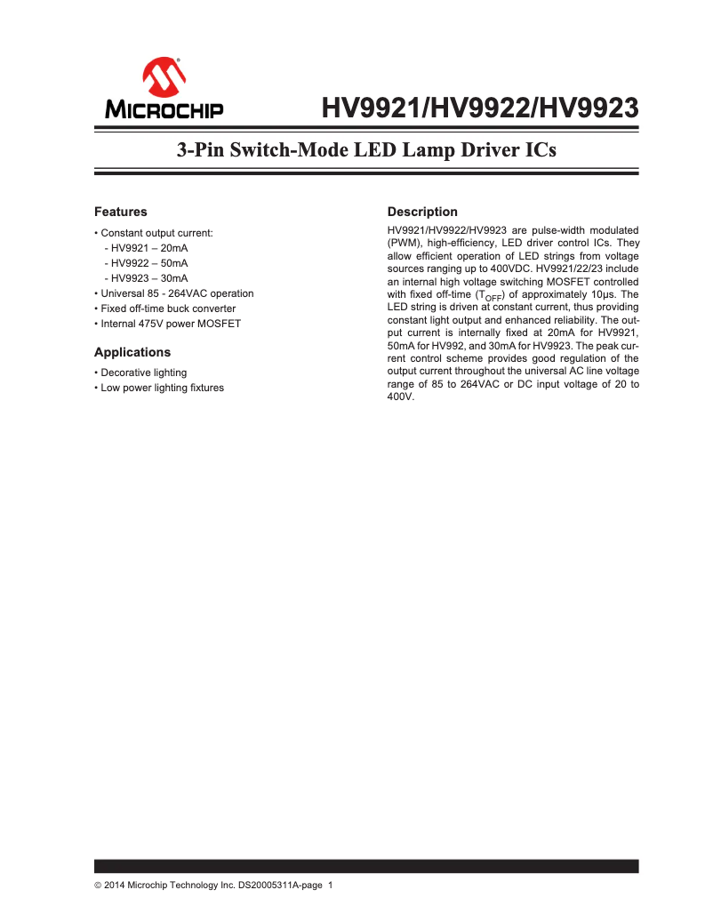 Page 1 de la notice Manuel utilisateur Microchip HV9921