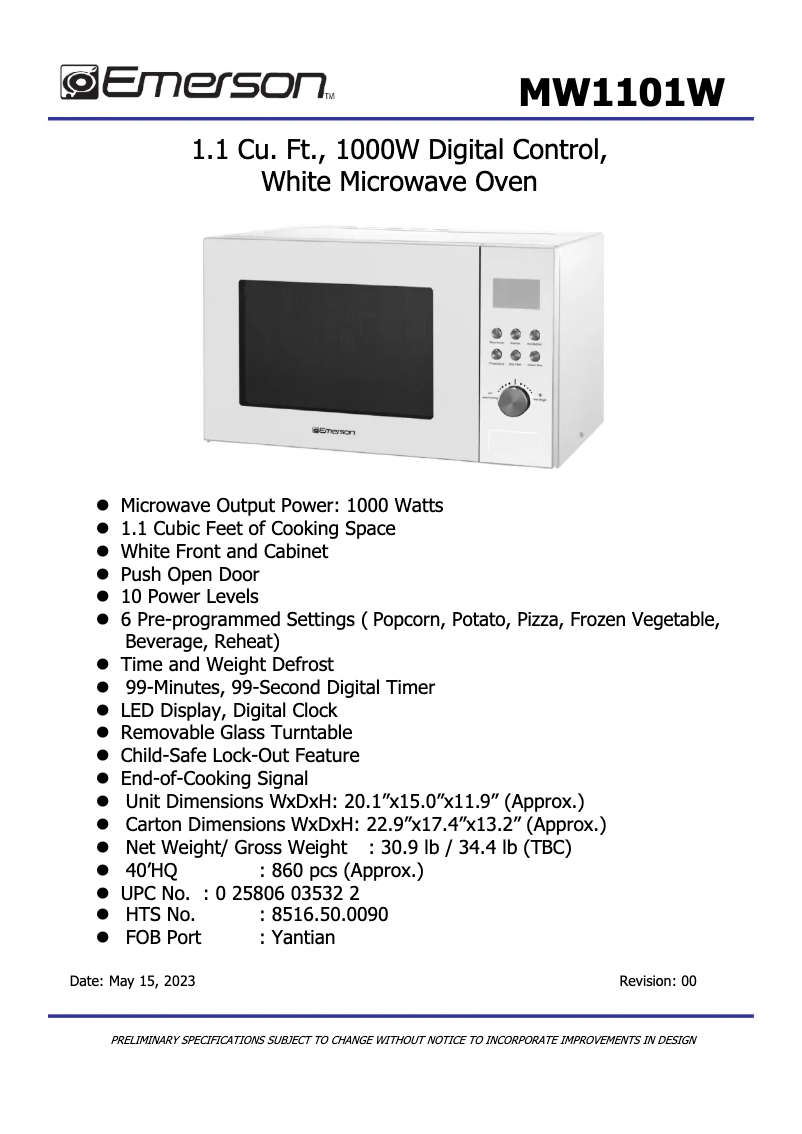 Page 1 de la notice Fiche technique Emerson MW1101W