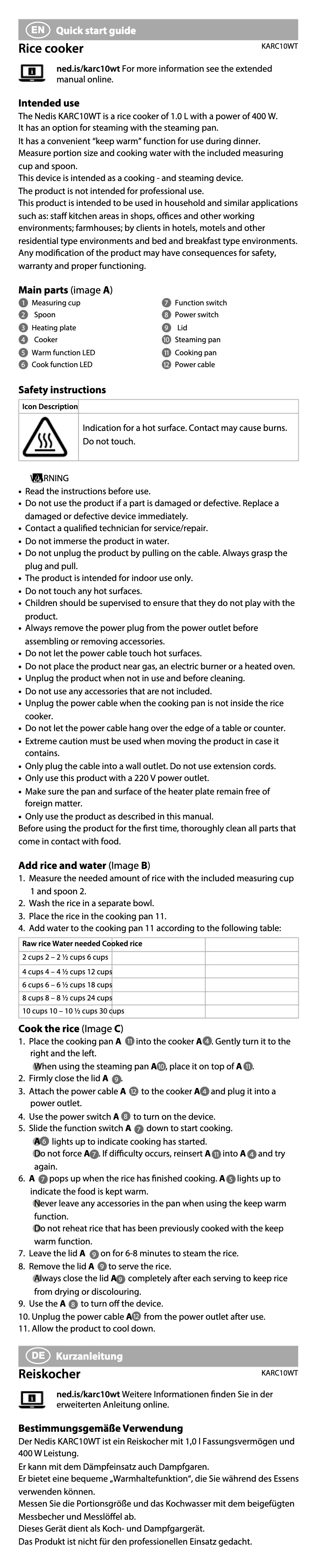 Page 1 de la notice Manuel utilisateur Nedis KARC10WT