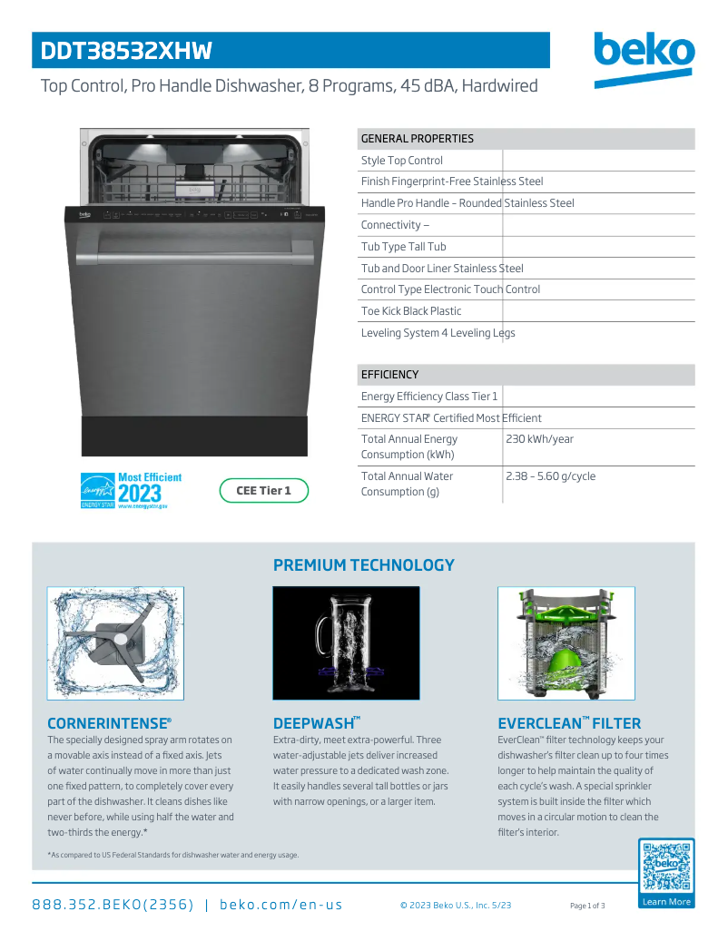 Page 1 de la notice Fiche technique Beko DDT38532XHW