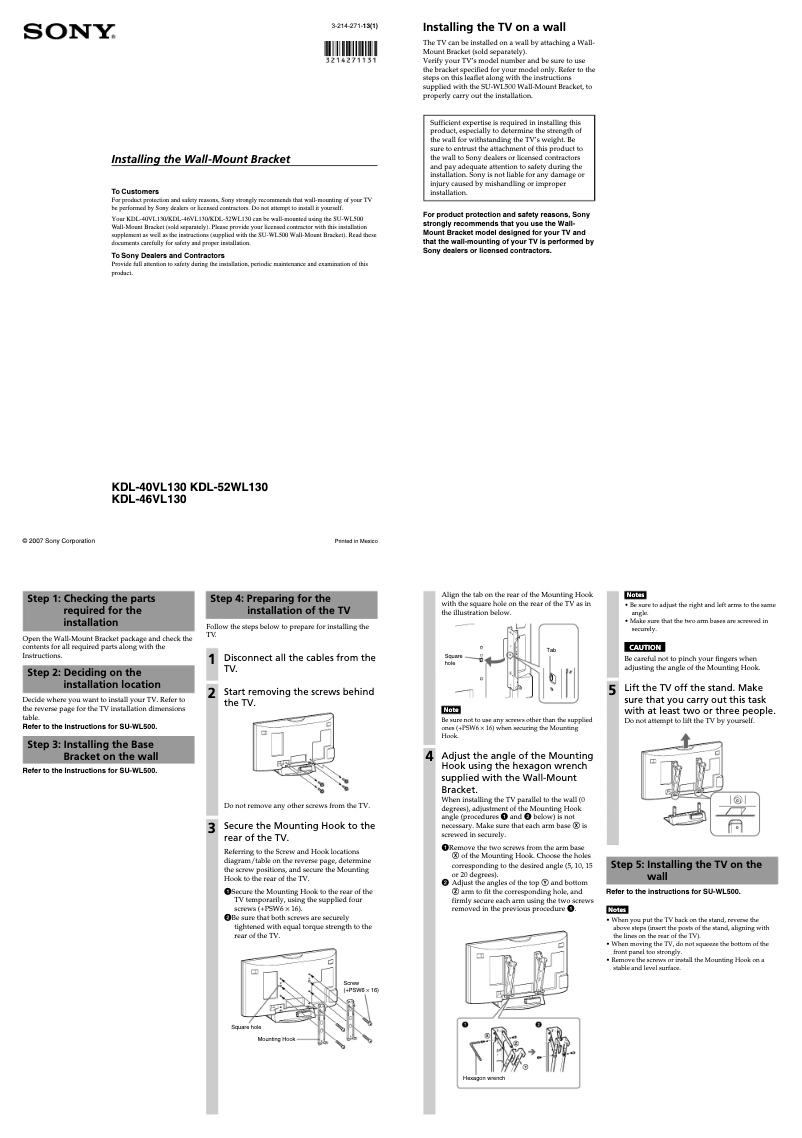 Page 1 de la notice Guide d'installation Sony Bravia KDL-40VL130