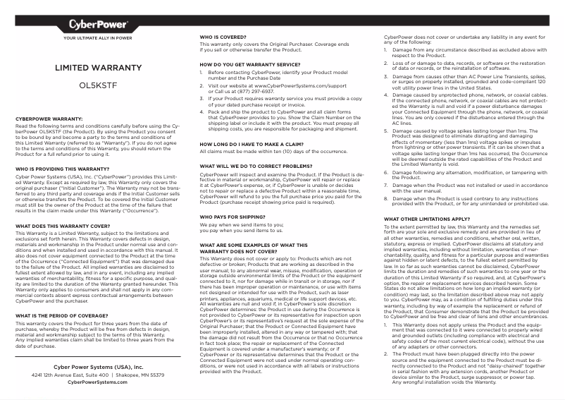Page n°1 - Informations de garantie CyberPower OL5KSTF
