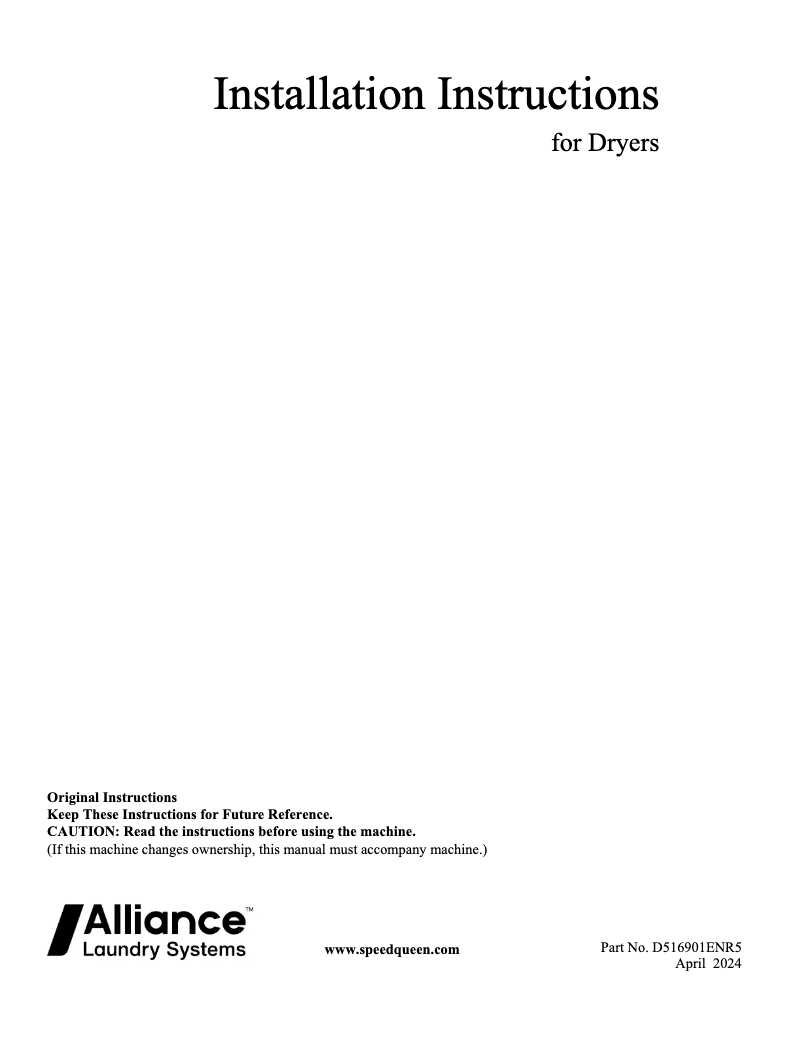 Page 1 de la notice Guide d'installation Speed Queen DC5003BG