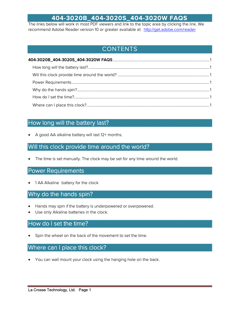 Page 1 de la notice FAQ La Crosse Technology 404-3020W