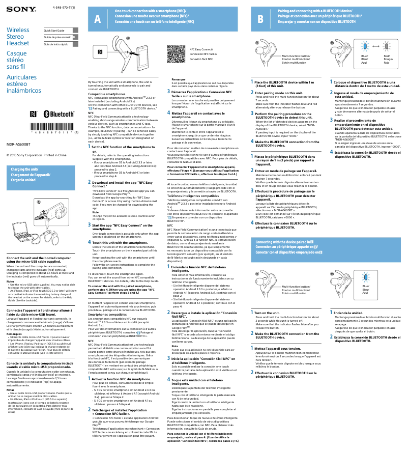 Page 1 de la notice Guide d'installation Sony MDR-AS600BT