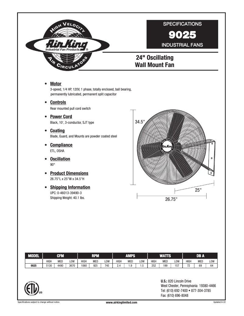 Page n°1 - Fiche technique Air King 9025