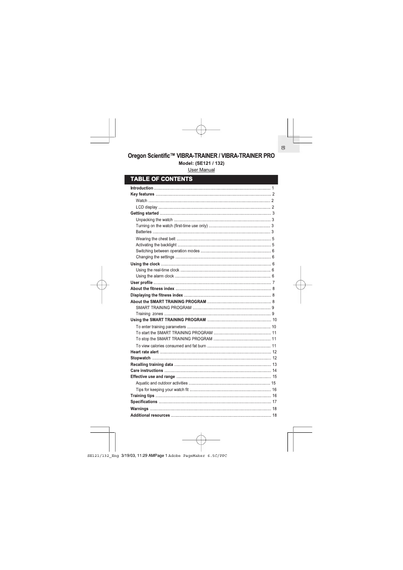 Page 1 de la notice Manuel utilisateur Oregon Scientific Vibra Trainer SE121