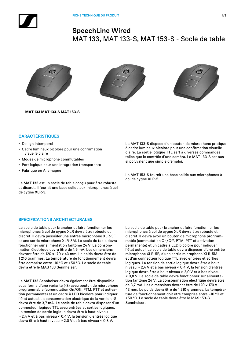 Page 1 de la notice Fiche technique Sennheiser MAT 153-S