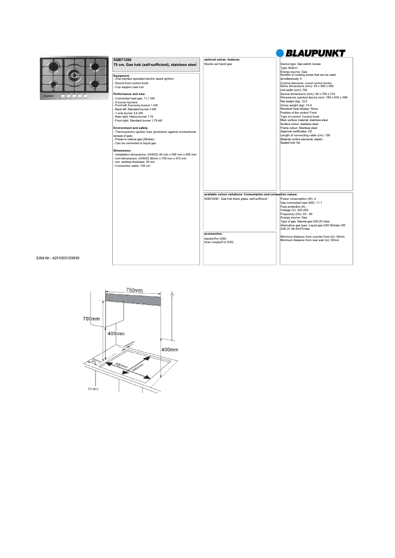 Página 1 del manual Ficha técnica Blaupunkt 5GB71250