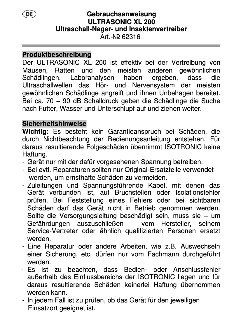 Page n°1 - Manuel utilisateur Isotronic 62316