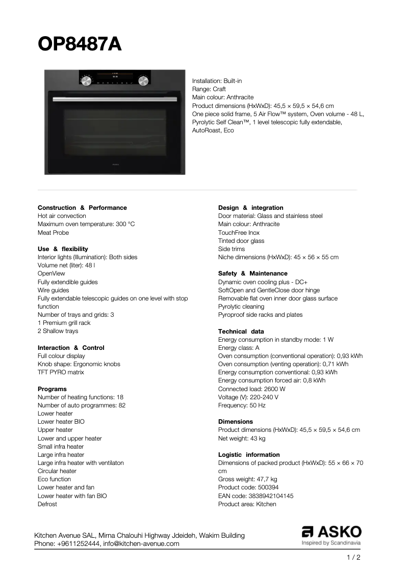 Page 1 de la notice Fiche technique Asko OP8487A