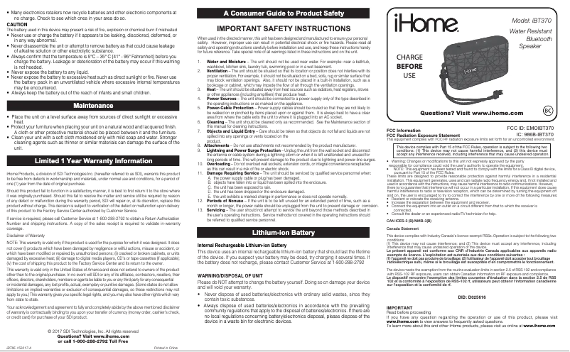 Page 1 de la notice Manuel utilisateur iHome iBT370