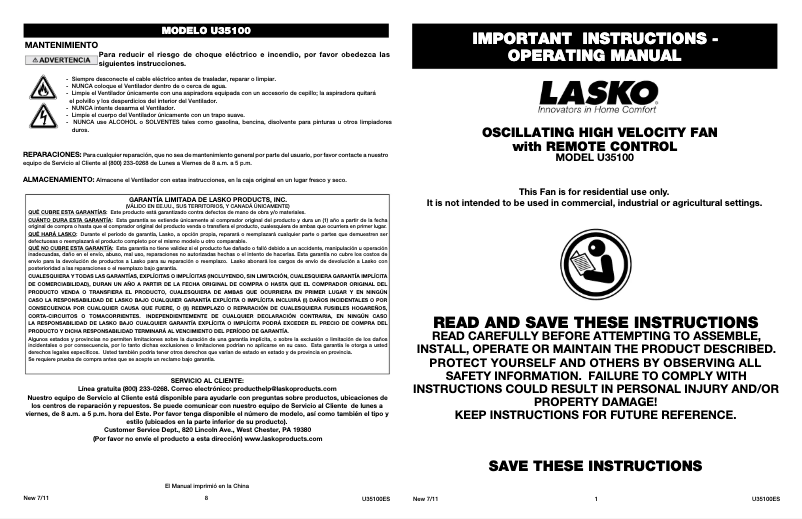 Page 1 de la notice Manuel utilisateur Lasko Oscillating High Velocity U35100