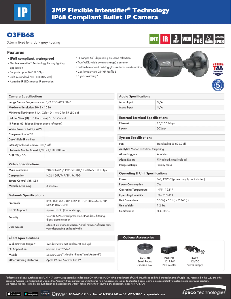 Page 1 de la notice Fiche technique Speco Technologies O3FB68