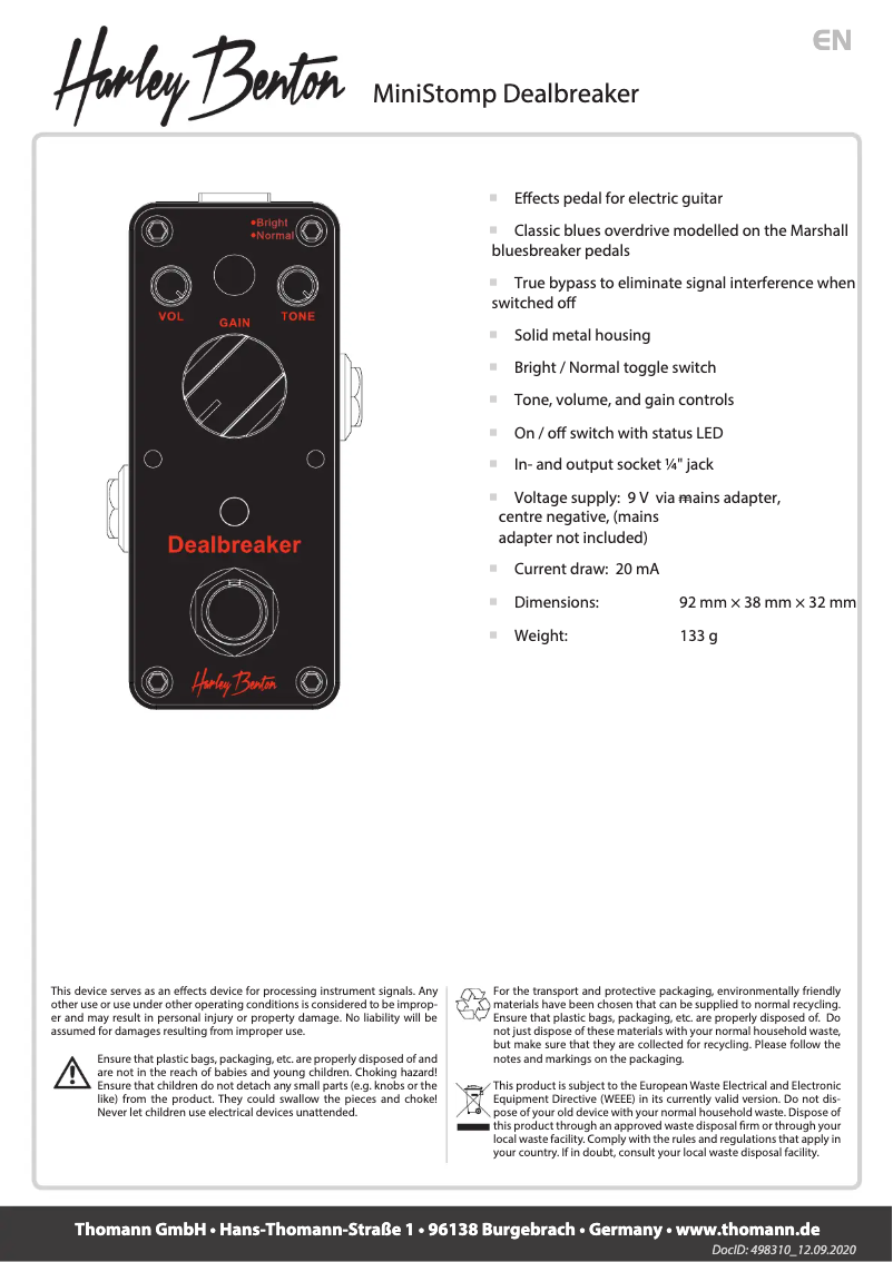 Page 1 de la notice Manuel utilisateur Harley Benton MiniStomp Dealbreaker