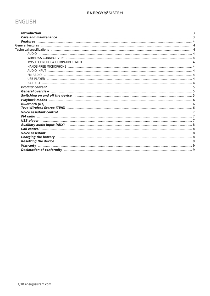 Page 1 de la notice Manuel utilisateur Energy Sistem Eco