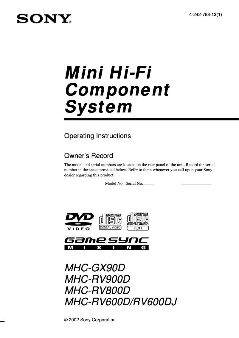 Image de la première page du manuel de l'appareil MHC-RV600DJ