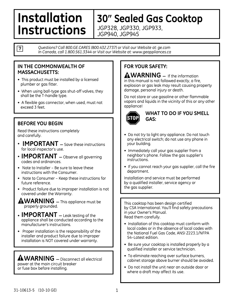 Image de la première page du manuel de l'appareil Profile JGP945BEKBB