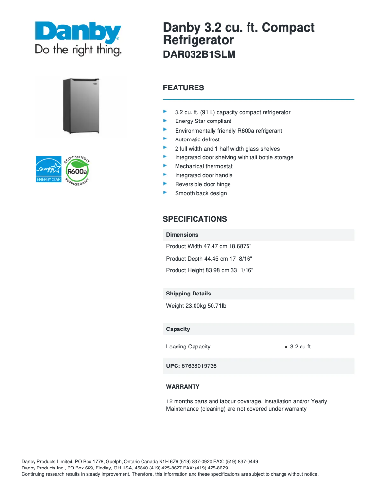 Página 1 del manual Ficha técnica Danby DAR032B1SLM