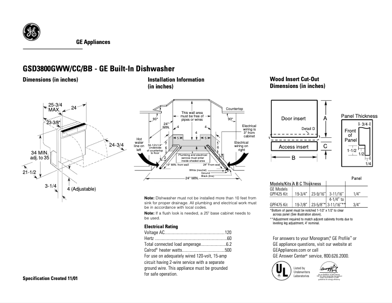 Page 1 de la notice Fiche technique GE GSD3800GCC