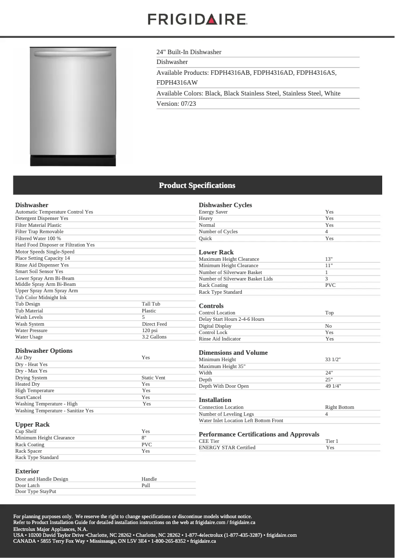 Page n°1 - Fiche technique Frigidaire FDPH4316AD