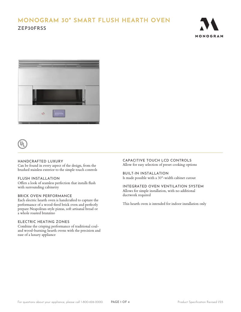 Page 1 de la notice Fiche technique Monogram ZEP30FRSS