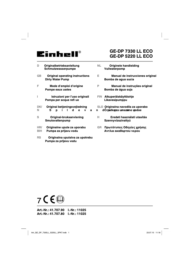 Page 1 de la notice Manuel utilisateur Einhell GE-DP 7330 LL ECO