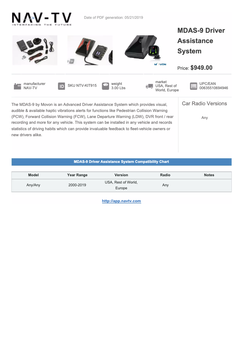 Page 1 de la notice Fiche technique NAV-TV MDAS-9 NTV-KIT915