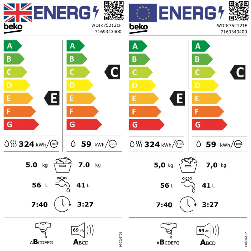 Page 1 de la notice Label énergétique Beko WDIK752121F