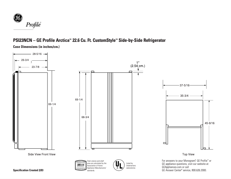 Page 1 of the manual Technical Sheet GE PSI23NCNWW